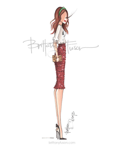 Brittany Fuson, fashion illustration, office holiday party, sequins, sweatshirt