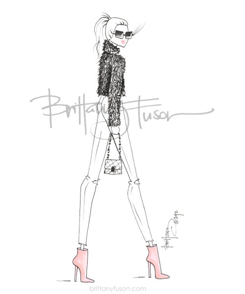 Brittany Fuson, fashion illustration, pink boots, furry jacket