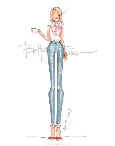 Brittany Fuson, fashion illustration, pink bow, coffee, distressed jeans 
