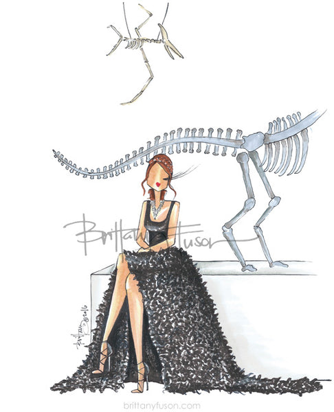 Brittany Fuson, t rex, dinosaurs, museum, fashion illustration, October, Halloween