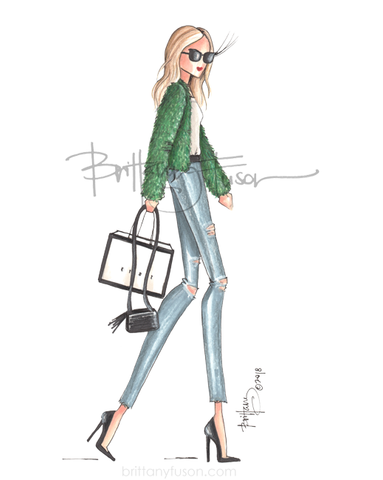 Brittany Fuson, fashion illustration, green furry coat, shopping, Tribeca, NYC