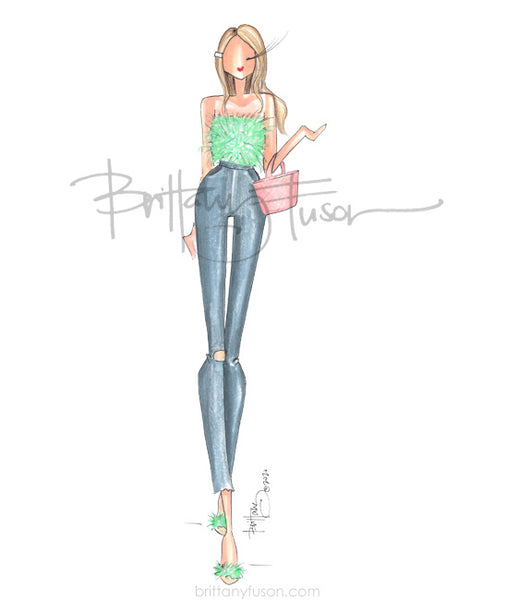 Brittany Fuson, fashion illustration, summer, feather top, 