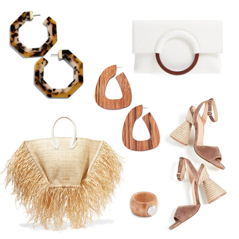 fashion illustration, acrylic hoops, wood elements, fringed raffia tote, spring trends