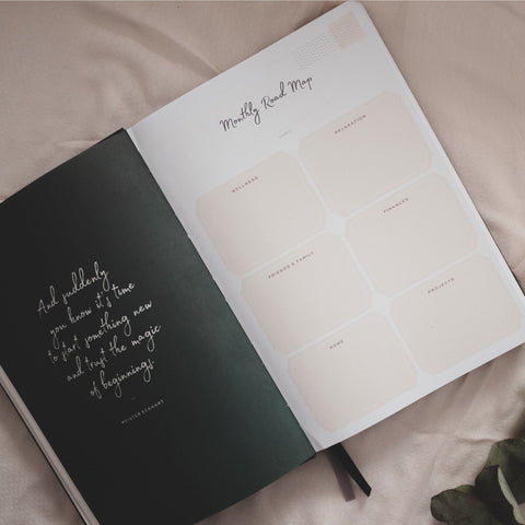 Ponderlily Planner open at the Monthly Road-Map and an inspirational quote