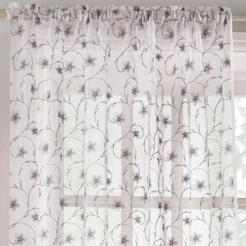 Belle Embroidered Sequin Floral Voile Curtain Panels Grey