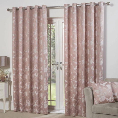 Butterfly Meadow Jacquard Lined Eyelet Curtains Blush Pink