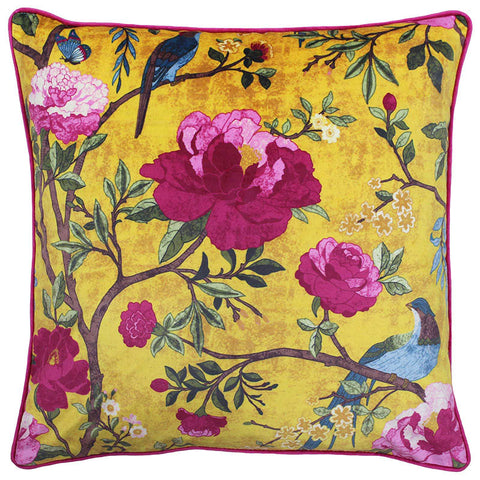 Chinoiserie Floral Velvet Gold Filled Cushions 20'' x 20''