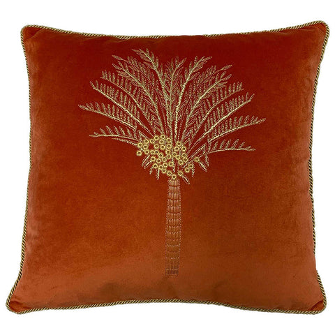 Desert Palm Embroidered Velvet Coral Filled Cushions 20'' x 20''