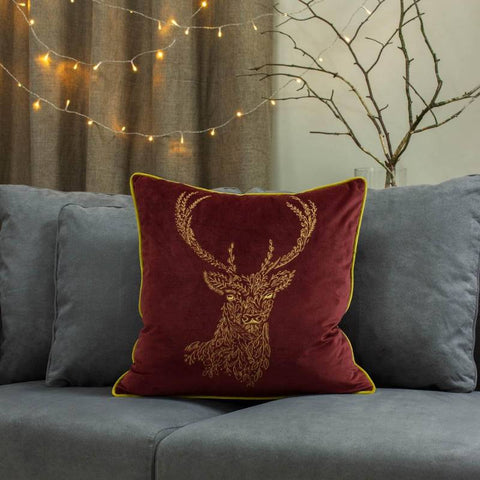 Forest Fauna Velvet Stag Burgundy Cushion Cover