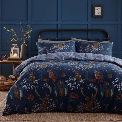 Forest Fauna Woodland Reversible Navy Duvet Cover Set