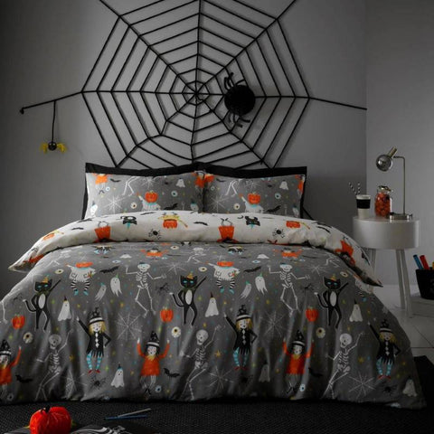 Halloween Party Glow in the Dark Grey Duvet Cover Set