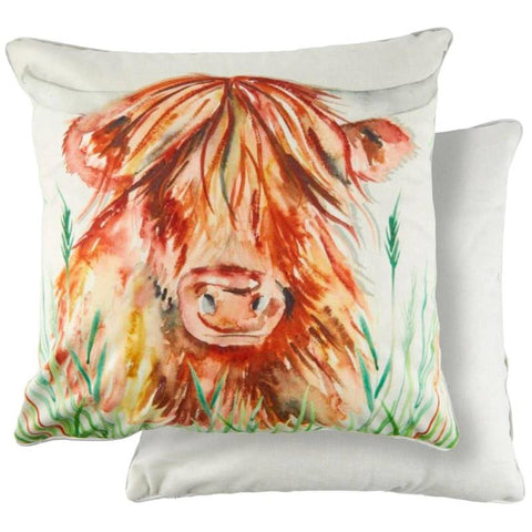 Highland Cow Watercolour Velvet Cushion Cover 17" x 17"