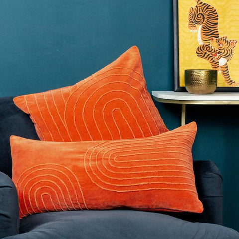 Mangata Pleated Velvet Orange Rectangular Filled Cushion