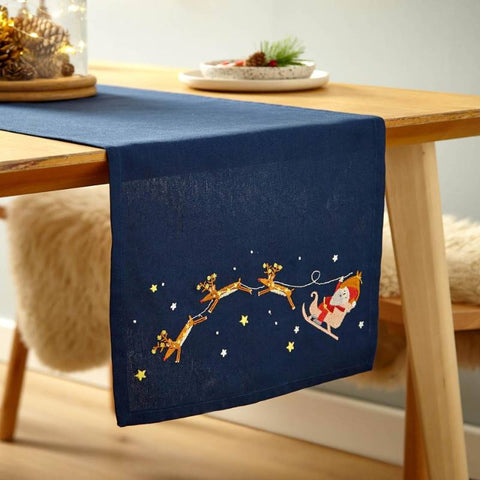 Santa's Christmas Wonderland Embroidered Table Runner Navy