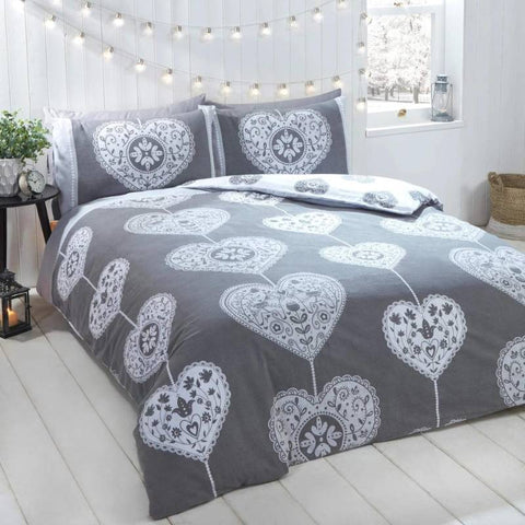 Scandi Heart 100% Brushed Cotton Flannelette Grey Duvet Cover Set