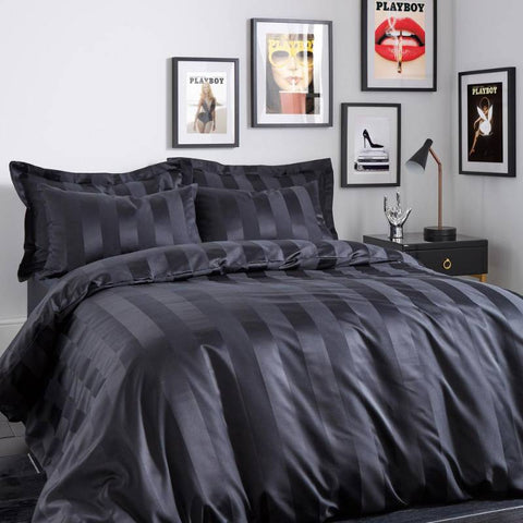 Soft Satin Stripe Black Duvet Cover Set