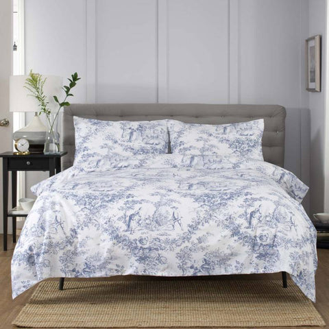 Toile de Jouy Luxury 100% Cotton Blue Duvet Cover Bedding Collection