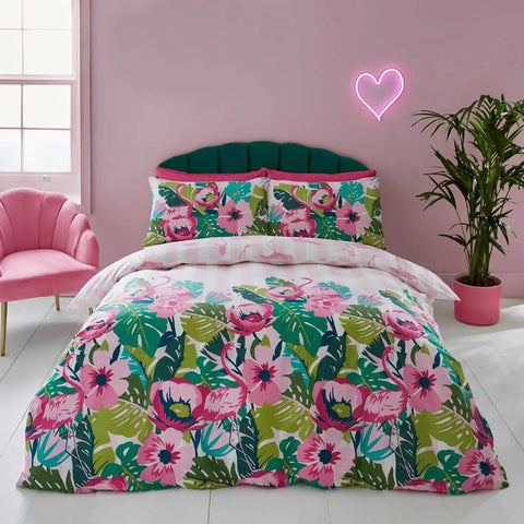 Tropical Flamingo Stripe Reversible Pink Duvet Cover Set