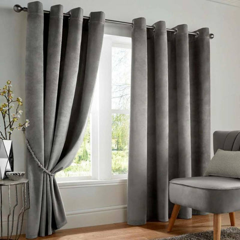 Velvet Thermal Blackout Eyelet Curtains Silver 