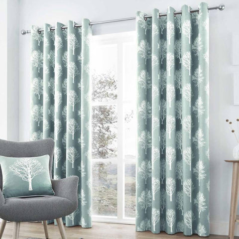 Woodland Trees Lined Eyelet Curtains Duck Egg 