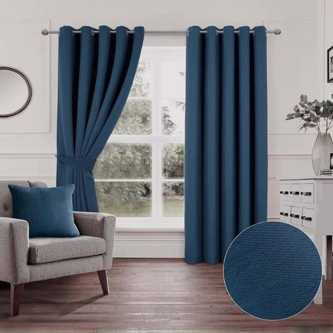 Woven Blue (Navy) Blackout Eyelet Curtains