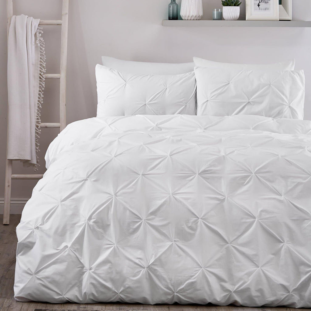 Lara Pin Tuck Ruched Stitch White Duvet Cover Set Ideal Textiles