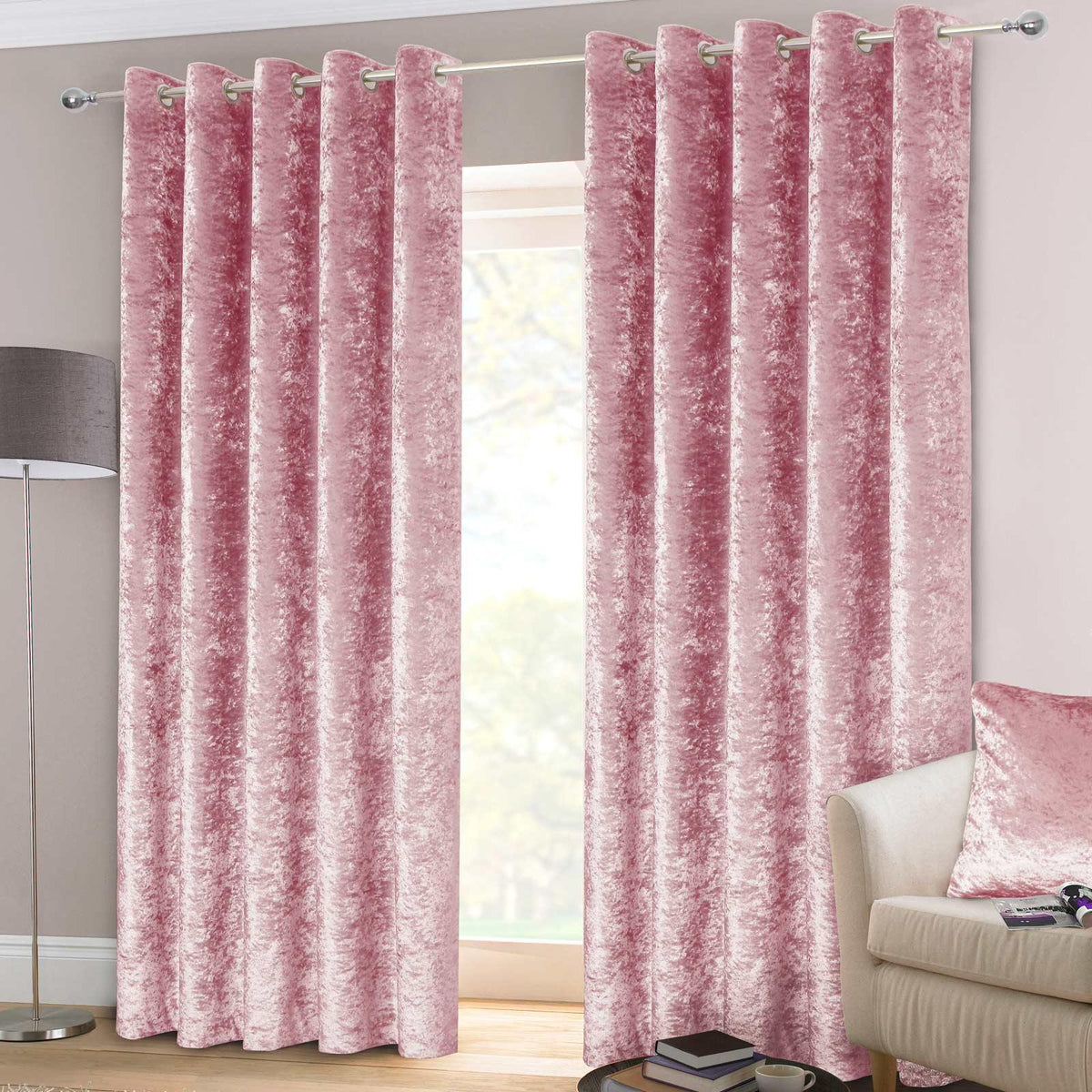 Crushed Velvet Lined Eyelet Curtains Blush Pink – Ideal Textiles