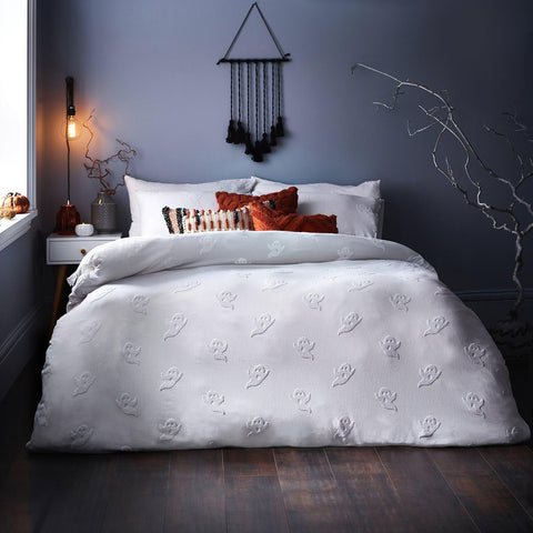 Ghost Tufted Halloween 100% Cotton White Duvet Cover Set