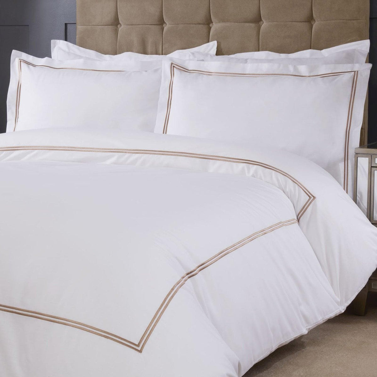 Mayfair Classic Embroidered Border White And Taupe Duvet Cover Set Ideal Textiles 