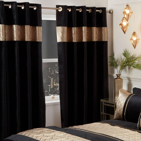 Capri Embellished Lined Eyelet Curtains Black & Gold