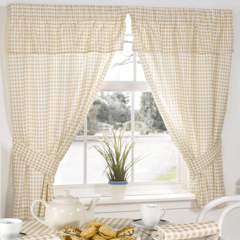 Molly Gingham Check Beige Tape Top Kitchen Curtains Set