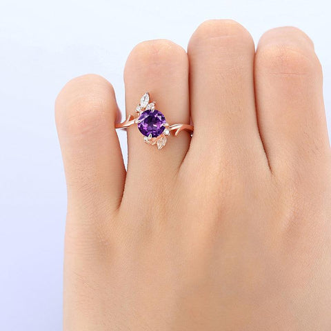 1.25 CT Round Cut 14k Rose Gold Unique Leaf Vines Natural Amethyst Bridal Ring