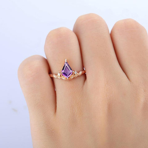 1.35 CT Kite Cut Natural Inspired Leaf Natural Amethyst 18k Rose Gold Bridal Ring