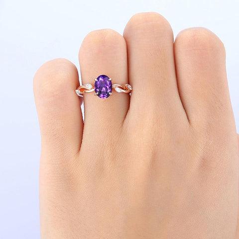 1.5 CT Oval Cut 14k Rose Gold Twist Natural Amethyst Accents Ring