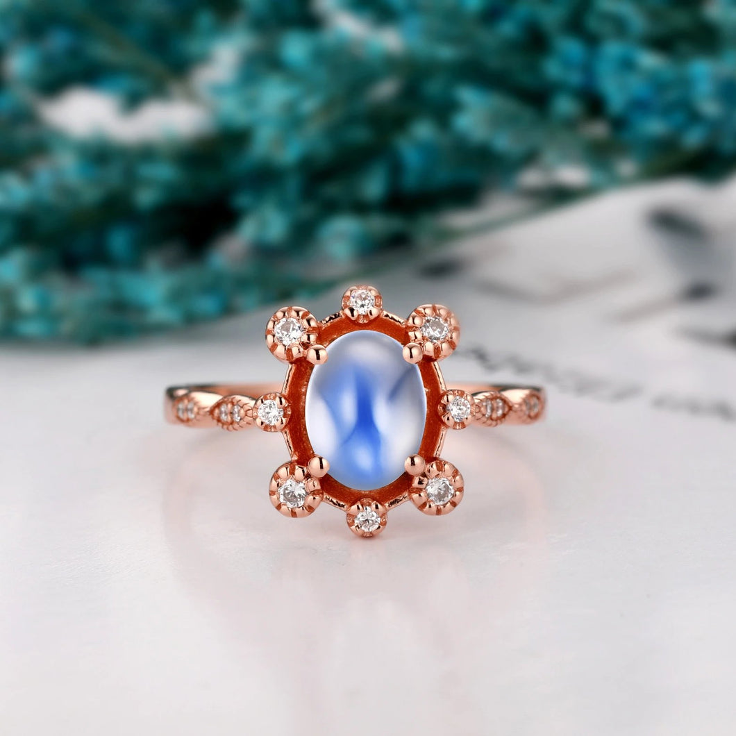 Gemstone Wedding Ring, 6x8mm Oval Shape Natural Rainbow Moonstone Promise Ring