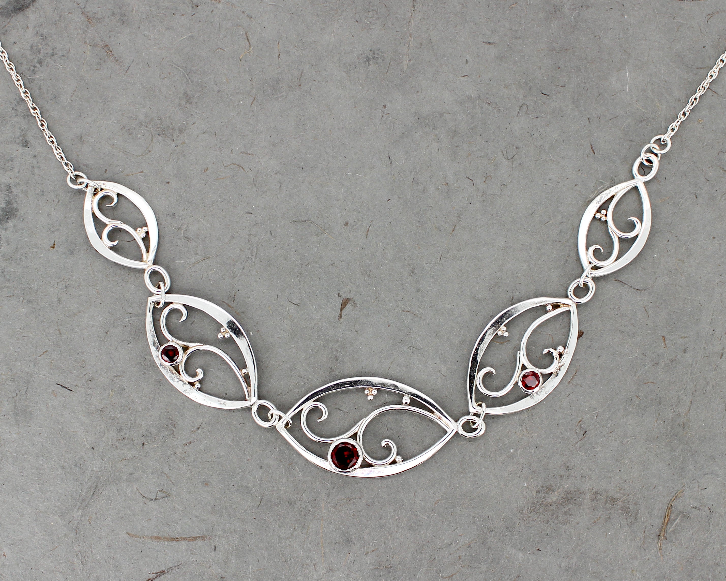 Forged Filigree Leaf Link Necklace with Garnets