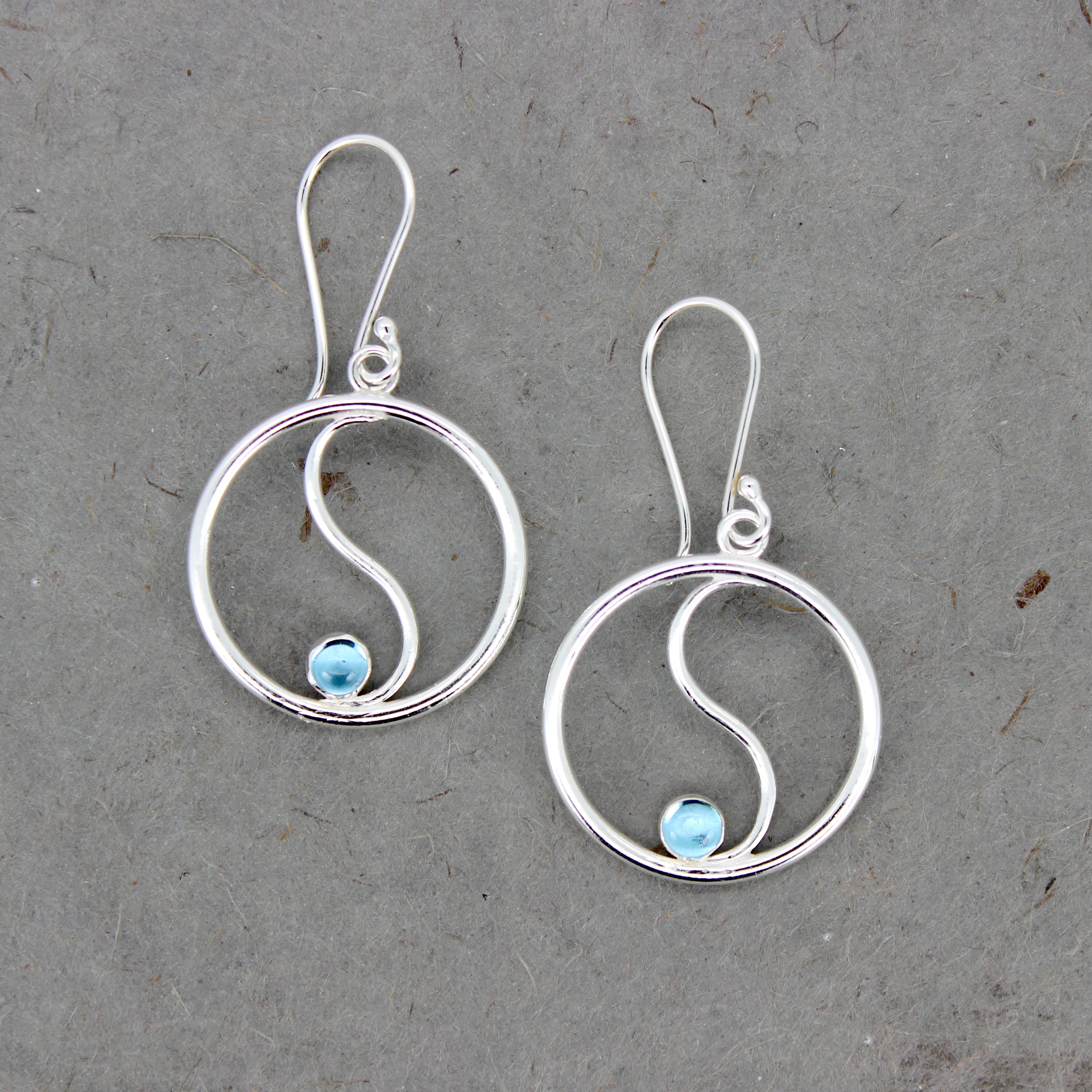 Yin Yang Earrings with Blue Topaz in Argentium