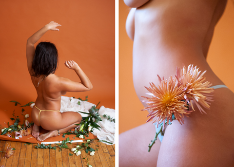 Back view and side view of nude model surrounded by flowers