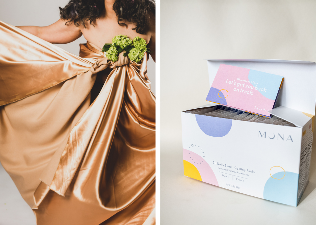 Model Draped in Beige Cloth and Seed Cycling Box