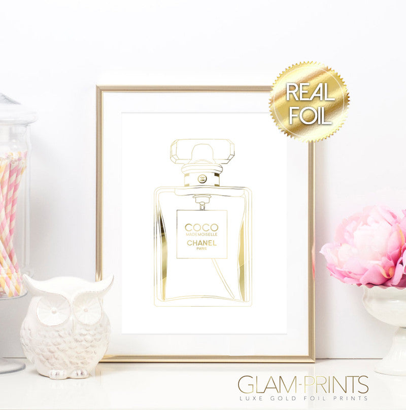 Coco Chanel Perfume Bottle Gold Foil Wall Print Gold Foil Prints Glam Prints