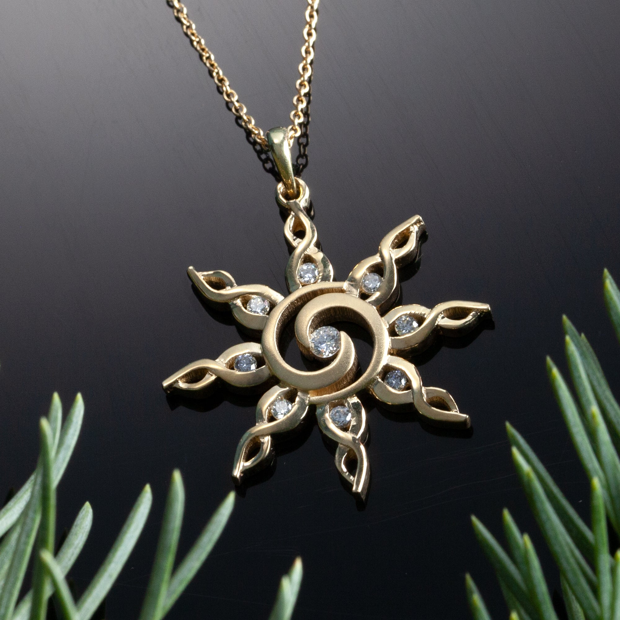 Sun Necklace - Gold and Diamond Spiral Sun Pendant - Sun Jewelry ...