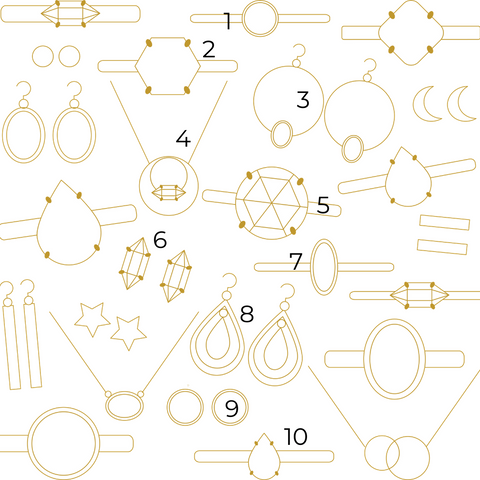a white background filled with gold drawings of various pieces of jewelry