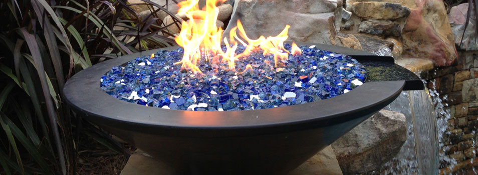 Starfire Glass 1/2" Broken Fire Glass in Cobalt Reflective in a Fire and Water Bowl
