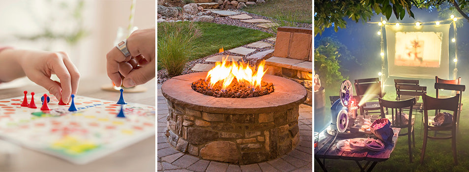 three images stiched into one image. Left image: two hands playing a board game, Middle image: traditional fire pit that has an active fire, Right image: a make shift outdoor movie theater with 6 chairs and a table with an old film player projecting on a screen.