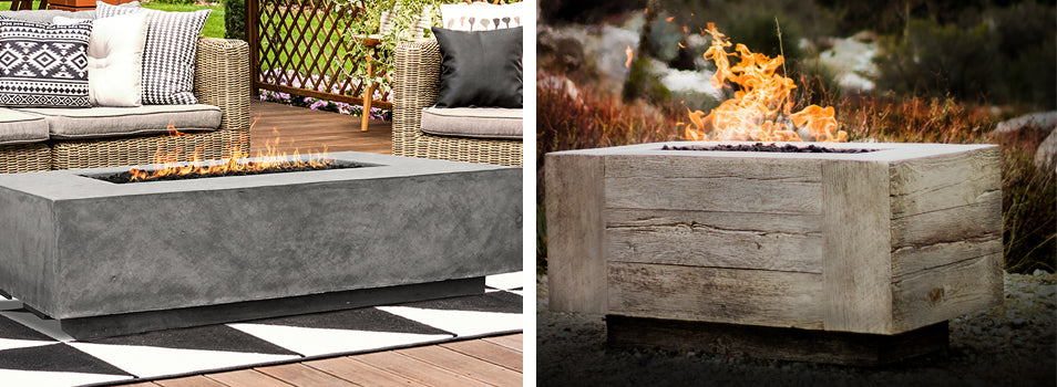 Tavola 1 Fire Pit Table by Prism Hardscapes, Right: Catalina Wood Grain Fire Pit Table by The Outdoor Plus