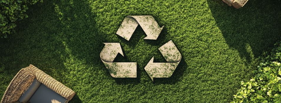 a photo of the recycling logo superimposed over an aerial view of a green lawn with patio furniture