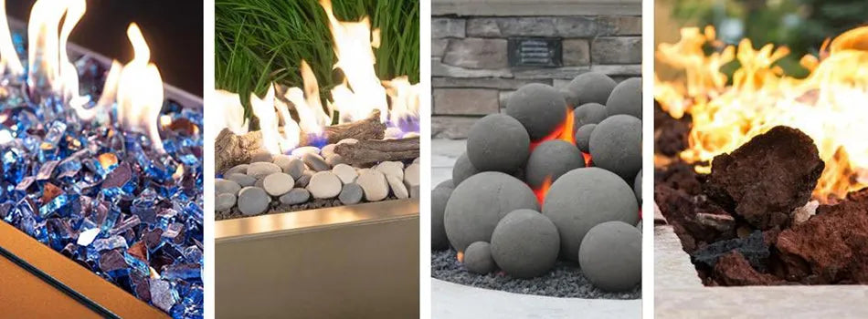 a set gallery of fire pit media that includes fire glass lava stones fire balls and lava rock
