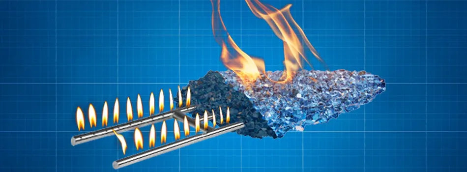 a diagram of a fireplace burner half covered with fireglass showing how fireglass affects the burner flame height