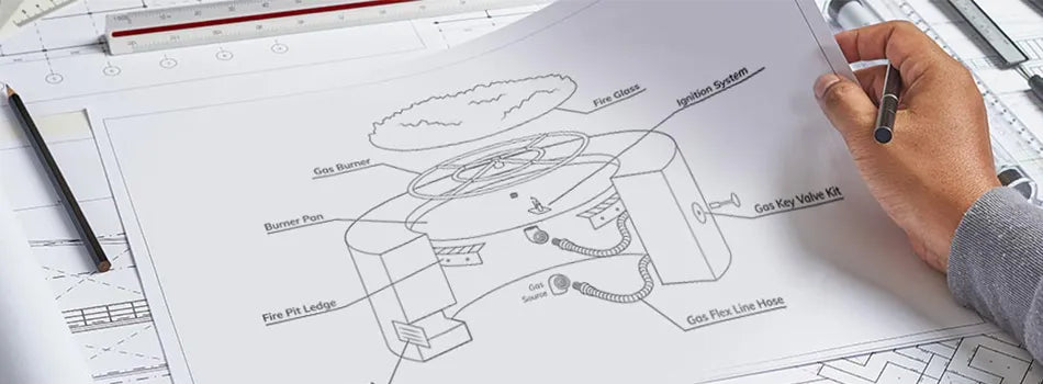 line drawing or components list of a diy fire pit and it's components