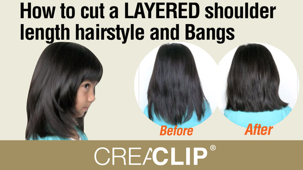 Shoulder length face framing layers and straight bangs - CreaProducts Inc.